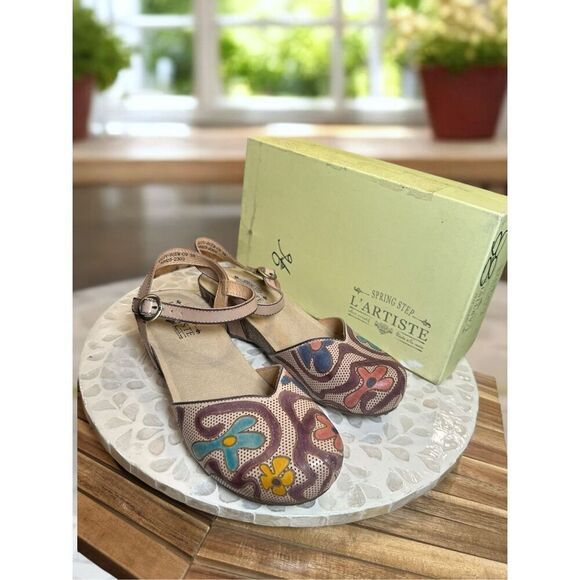 Spring Step L’Artiste Leoluv Mary Jane Sandals 38 US 7.5-8 Beige Multi Handpaint - Picture 3 of 16